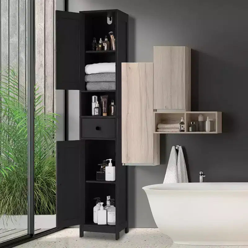 Meuble de Rangement Salle de Bain 170 cm avec 2 Étagères Réglables et 1 Tiroir, Armoire de Rangement Autonome pour Petits Espaces, Salle de Bain, Cuisine et Couloir
