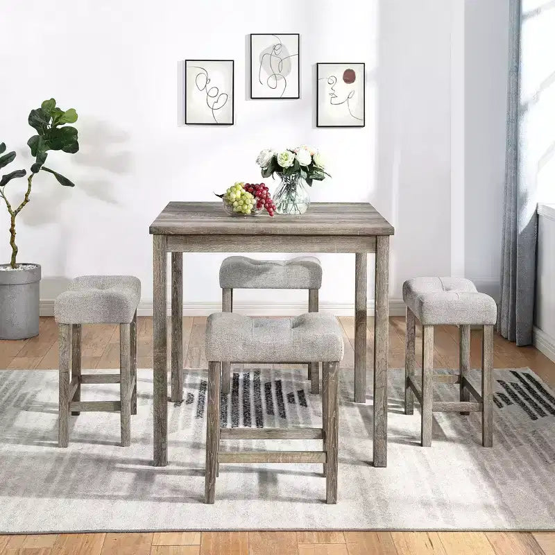 Ensemble table de bar et 4 tabourets de bar style ferme Okak 5 pièces pour cuisine, salle à manger, ensemble dînette vintage avec cadre en bois massif