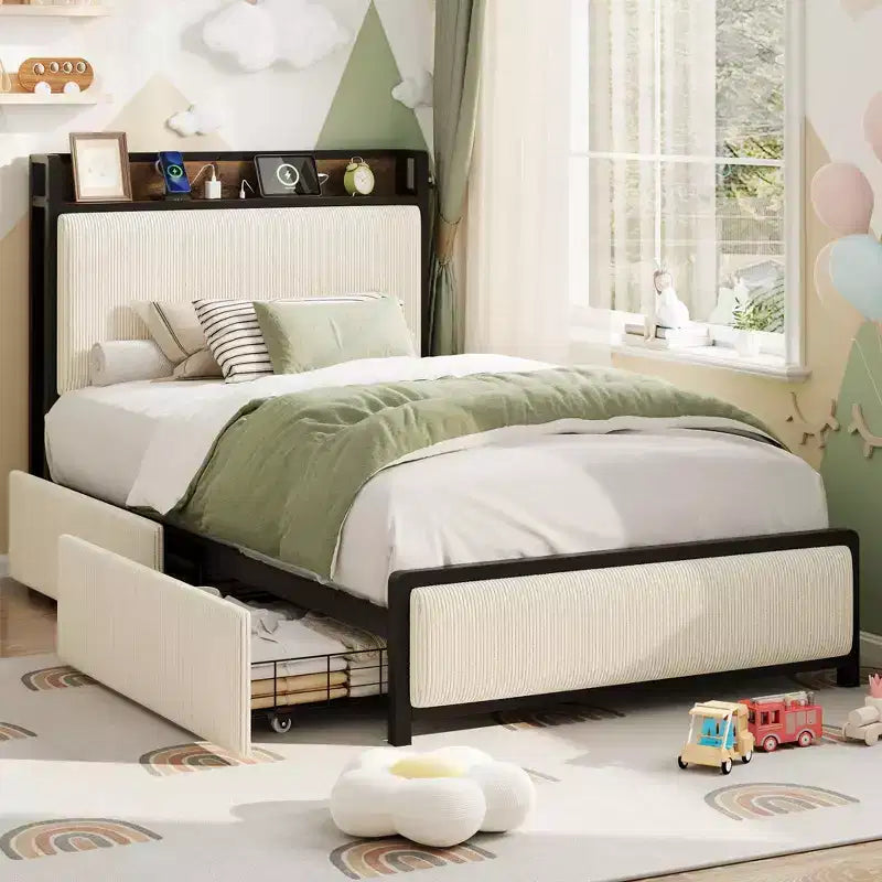Twin Size Bed Frame with 2 Storage Drawers and Headboard, Rustic Linen Upholstered Platform Bedframe, No Box Spring Needed, Easy Assembly, Noise Free