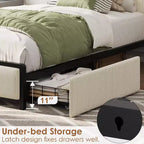 Cadre de Lit Double avec 2 Tiroirs de Rangement et Tête de Lit, Lit Plateforme Rembourré en Lin Rustique, Pas Besoin de Sommier, Montage Facile, Sans Bruit