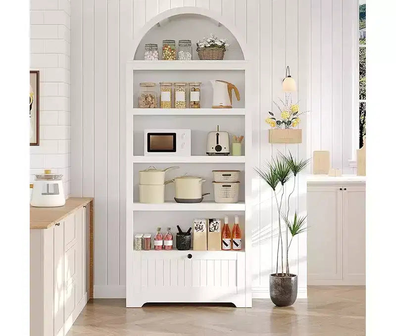 71 in Tall Arched Pantry, 6-Tier Freestanding Storage Cabinet with Drawer, Modern White Book Shelf with Open Shelves for Living Room