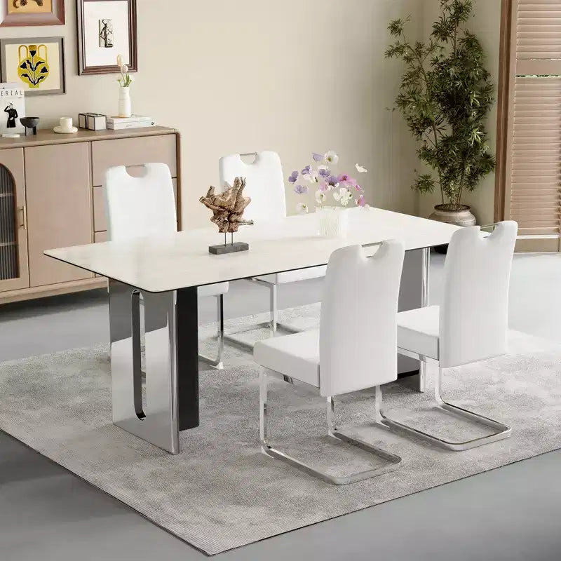 Ensemble de quatre chaises de salle à manger ergonomiques, en métal blanc et rembourrées, avec assemblage à ressort et dossier haut, convenant uniquement aux salons et aux cuisines