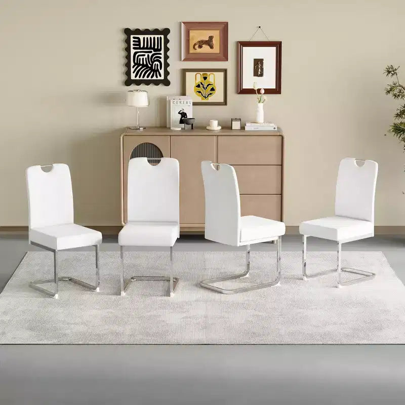 Ensemble de quatre chaises de salle à manger ergonomiques, en métal blanc et rembourrées, avec assemblage à ressort et dossier haut, convenant uniquement aux salons et aux cuisines