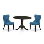 Nordic Dining Table Set for 2 - Modern Round Pedestal Table & Linen Fabric Chairs - Mineral Blue & Black