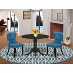 Ensemble de salle à manger nordique pour 2 - Table ronde à pied central moderne et chaises en tissu de lin - Bleu minéral et noir