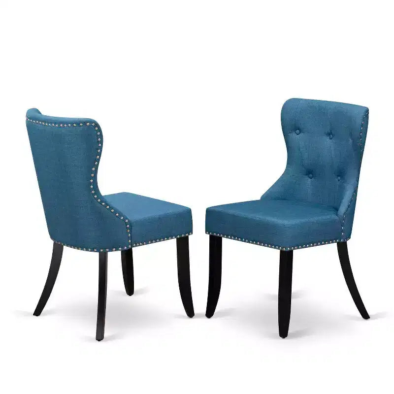 Ensemble de salle à manger nordique pour 2 - Table ronde à pied central moderne et chaises en tissu de lin - Bleu minéral et noir