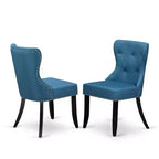 Ensemble de salle à manger nordique pour 2 - Table ronde à pied central moderne et chaises en tissu de lin - Bleu minéral et noir