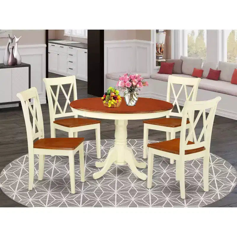 Ensemble table à manger ronde 5 pièces - Table de 107 cm et 4 chaises - Ensemble de cuisine style baroque