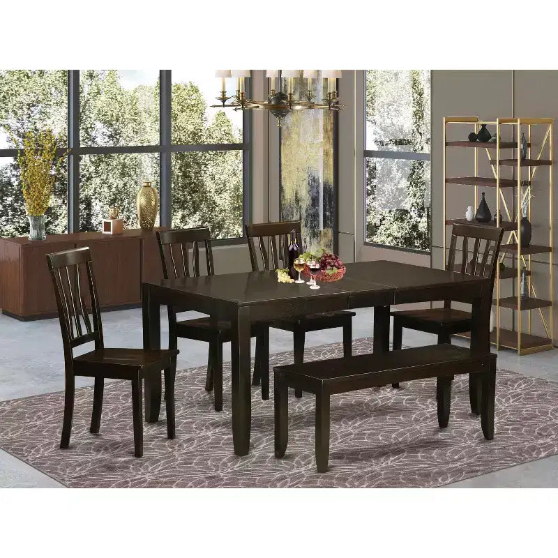 Ensemble de salle à manger 6 pièces – Table rectangulaire et 4 chaises avec banc – Fini cappuccino – Table de 54/66