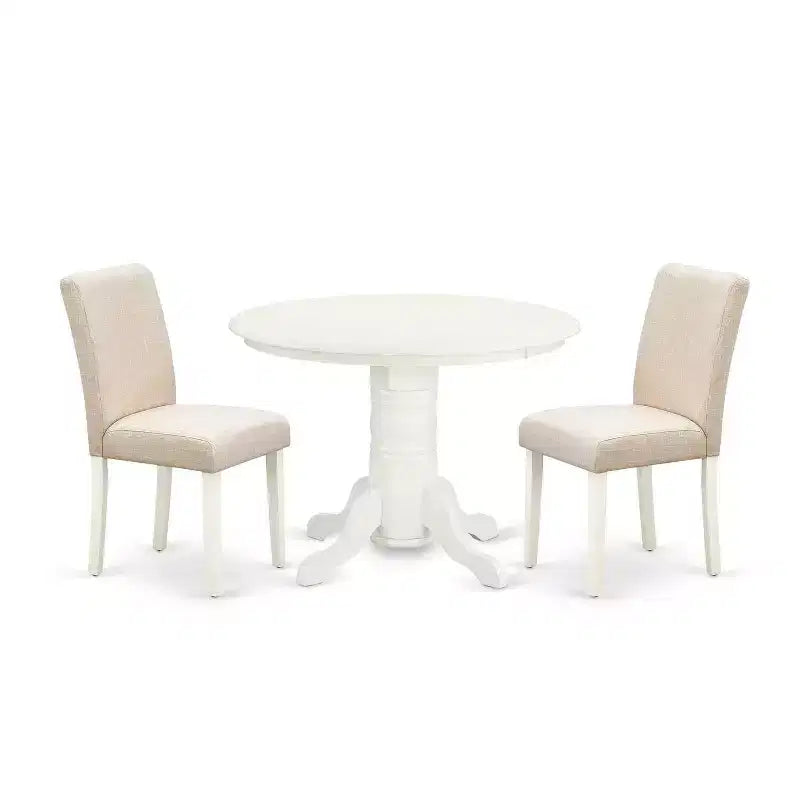 Round Dining Table Set 3pc - 42 Inch Table & 2 Parsons Chairs - Linen White Legs - Light Beige Fabric