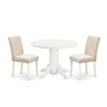 Round Dining Table Set 3pc - 42 Inch Table & 2 Parsons Chairs - Linen White Legs - Light Beige Fabric