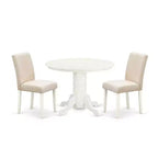Round Dining Table Set 3pc - 42 Inch Table & 2 Parsons Chairs - Linen White Legs - Light Beige Fabric