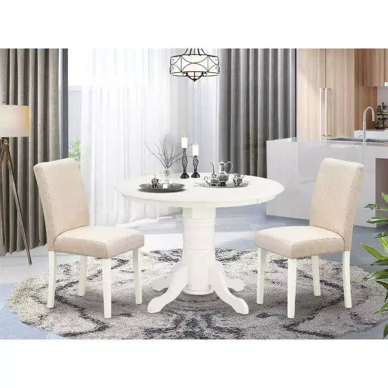 Ensemble Table à Manger Ronde 3 pièces - Table de 42 pouces et 2 Chaises Parsons - Pieds Blanc Lin - Tissu Beige Clair