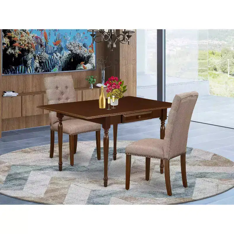 Ensemble de salle à manger 3 pièces HomeStock avec plateau rectangulaire en bois massif finition acajou et rabats