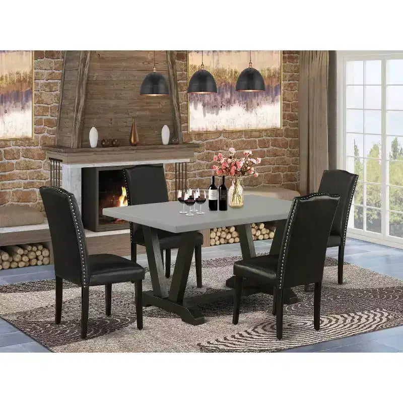 Table à manger 5 pièces rectangulaire avec plateau en bois massif finition chêne naturel et 4 chaises Parsons avec