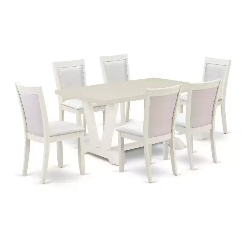 HomeStock 7-Piece Rectangle Wire Brushed Linen White Finish Solid Wood Top Dining Table with 6 Chairs