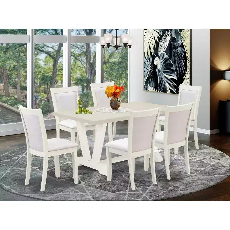 HomeStock Table de salle à manger rectangulaire 7 pièces en bois massif finition blanc lin brossé avec 6 chaises
