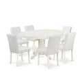 Dinette Set 7Pc Oval Table w/ Leaf & 6 Chairs - White PU Leather - Tuscan Style