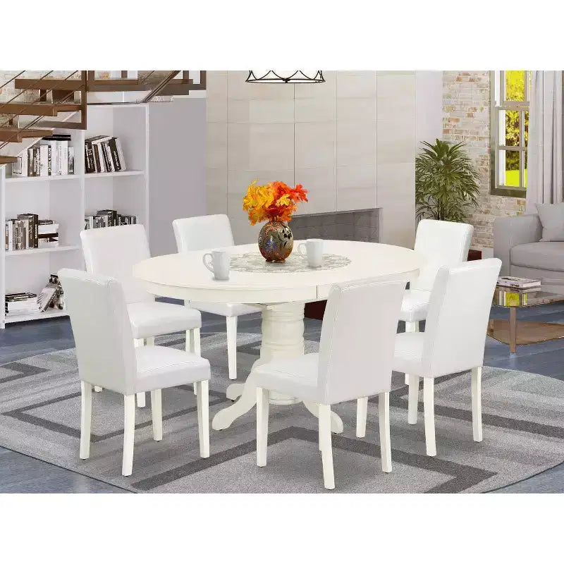 Salle à manger 7 pièces Table ovale avec rallonge et 6 chaises - Cuir PU blanc - Style toscan