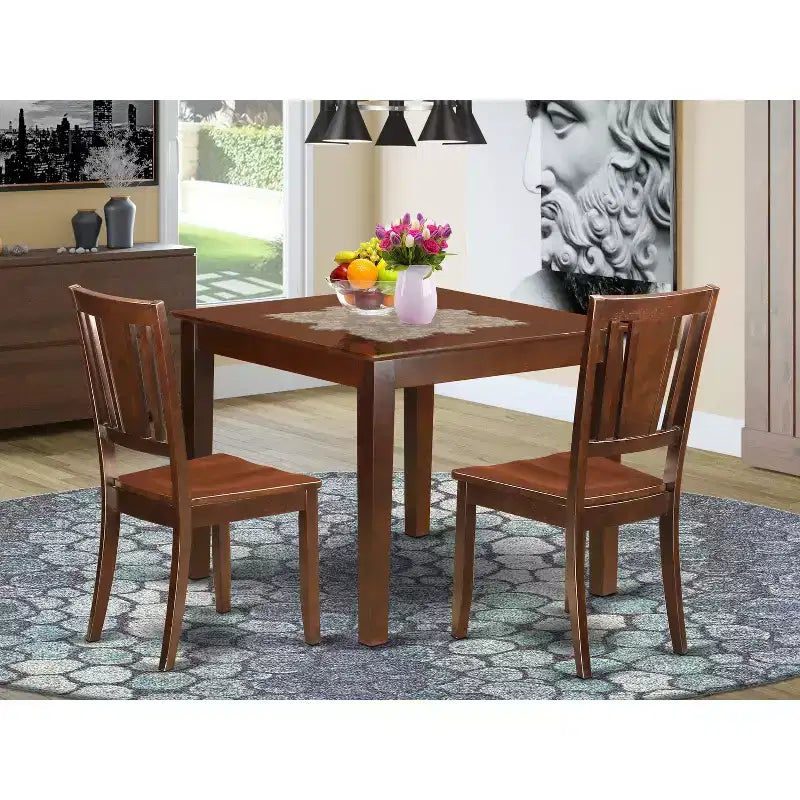 Ensemble Table de Salle à Manger Rustique - Table Carrée et 2 Chaises - Bois Massif, Motif Floral - Repas Convivial en Cuisine