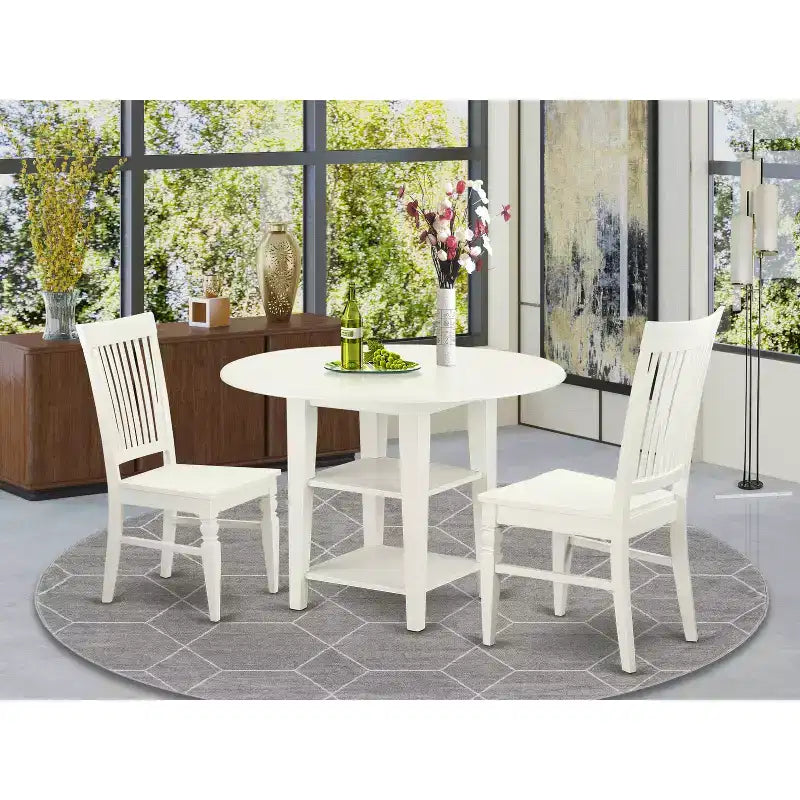 Ensemble de salle à manger 3 pièces HomeStock avec table ronde et dessus en bois massif, finition blanc lin