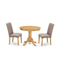 Medieval Round Dining Set - 3 Piece Table & Chair Set - Oak Finish - Dark Khaki Linen Fabric - Cozy Dining