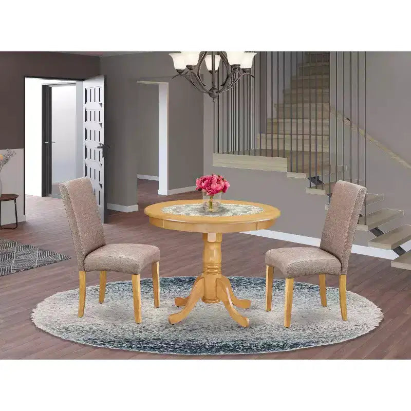 Ensemble de salle à manger rond médiéval - Ensemble table et chaises 3 pièces - Finition chêne - Tissu lin kaki foncé - Salle à manger confortable