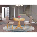 Ensemble de salle à manger rond médiéval - Ensemble table et chaises 3 pièces - Finition chêne - Tissu lin kaki foncé - Salle à manger confortable