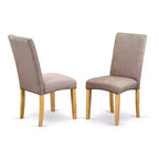 Ensemble de salle à manger rond médiéval - Ensemble table et chaises 3 pièces - Finition chêne - Tissu lin kaki foncé - Salle à manger confortable
