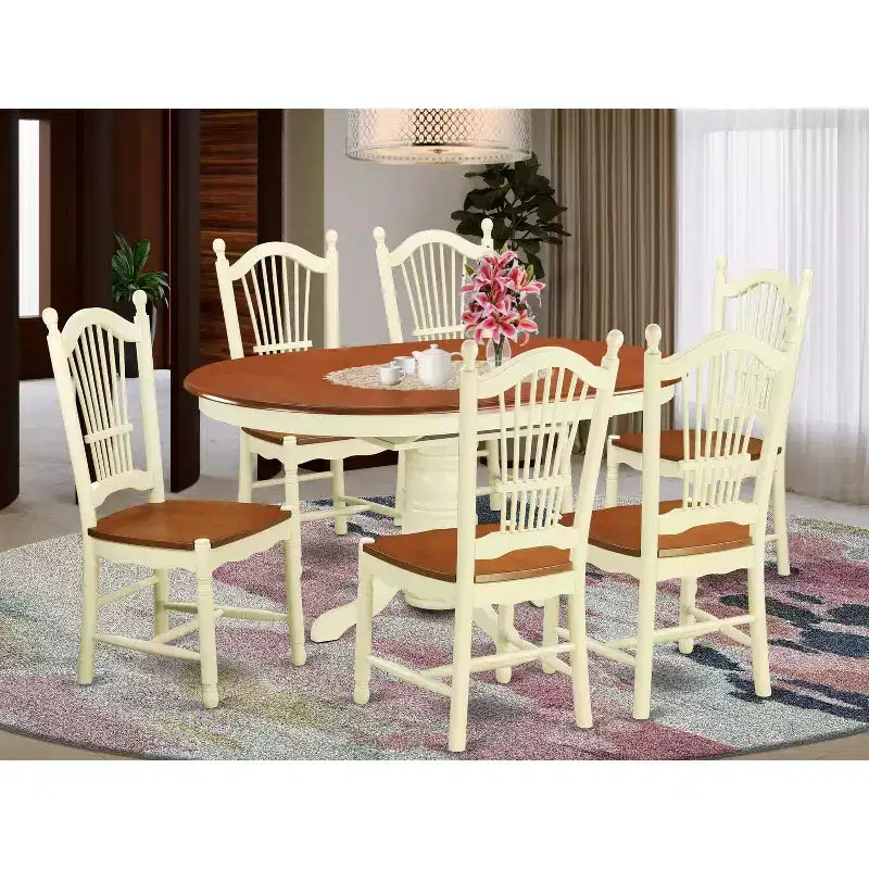 Table de salle à manger ovale 7 pièces avec plateau en bois massif finition cerisier et 6 chaises avec