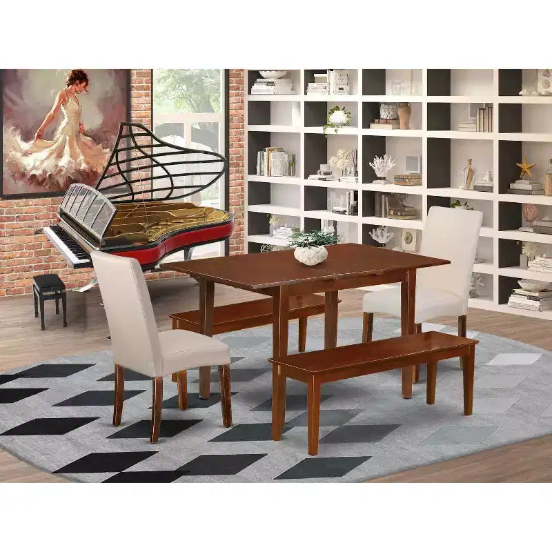 Ensemble salle à manger rectangulaire 7 pièces table et chaises - Tissu lin crème, pieds acajou - Meubles de salle à manger