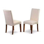 Ensemble salle à manger rectangulaire 7 pièces table et chaises - Tissu lin crème, pieds acajou - Meubles de salle à manger