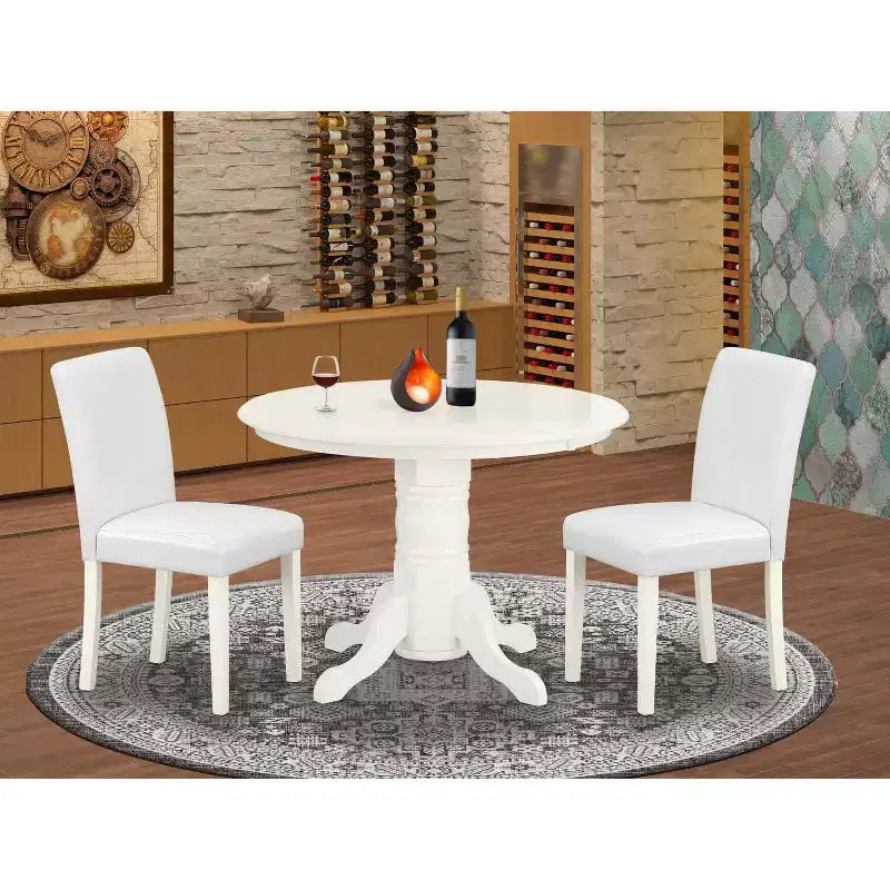 Ensemble table à manger ronde 3 pièces - Table 42 pouces et 2 chaises Parsons - Similicuir PU blanc et pieds en lin