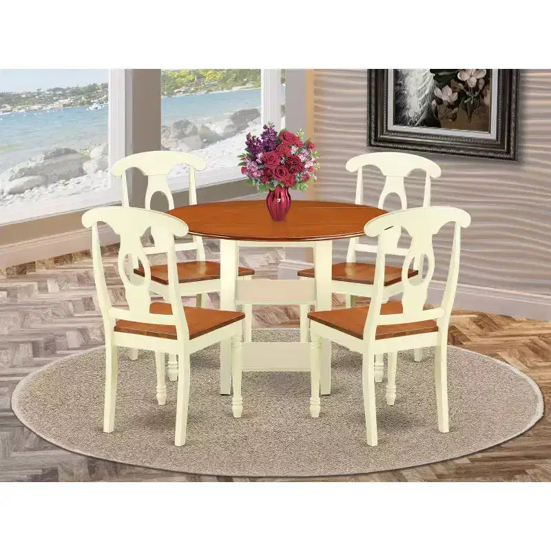 Ensemble table et chaises 5 pièces Dinette - Rond - Finition Merisier Crème - Petit Ensemble Table de Cuisine