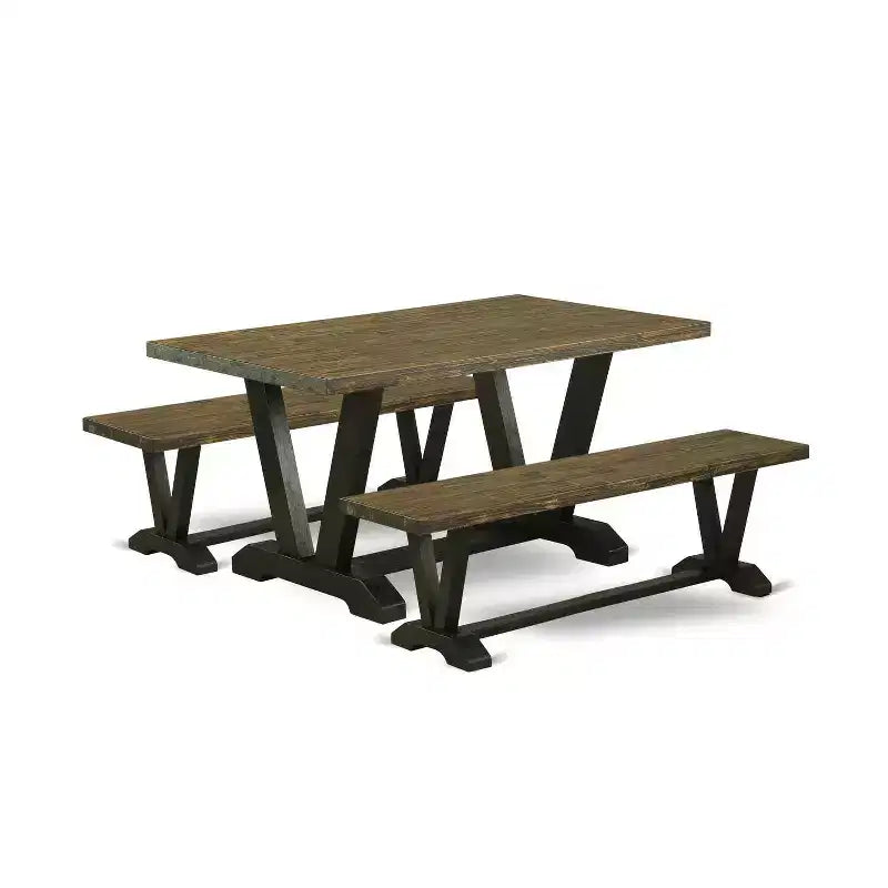 HomeStock 3-Piece Rectangle Distressed Jacobean Finish Solid Wood Top Dining Table with 2-Benches