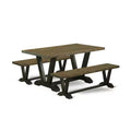 HomeStock 3-Piece Rectangle Distressed Jacobean Finish Solid Wood Top Dining Table with 2-Benches
