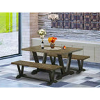 Table à manger 3 pièces HomeStock avec plateau en bois massif finition jacobéenne vieillie et 2 bancs