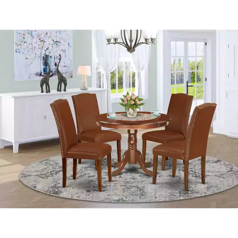 Ensemble de salle à manger rond 5 pièces - Table 42 pouces et 4 chaises Parsons - Similicuir marron - Style médiéval