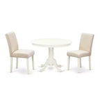Vintage Round Kitchen Table Set - 3pc Table & 2 Chairs - Linen White Legs - Light Beige Fabric