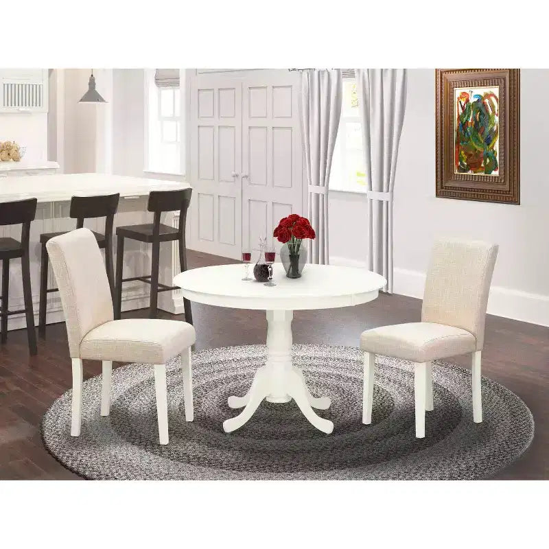 Ensemble Table Ronde de Cuisine Vintage - 3 pièces Table & 2 Chaises - Pieds Blanc Lin - Tissu Beige Clair