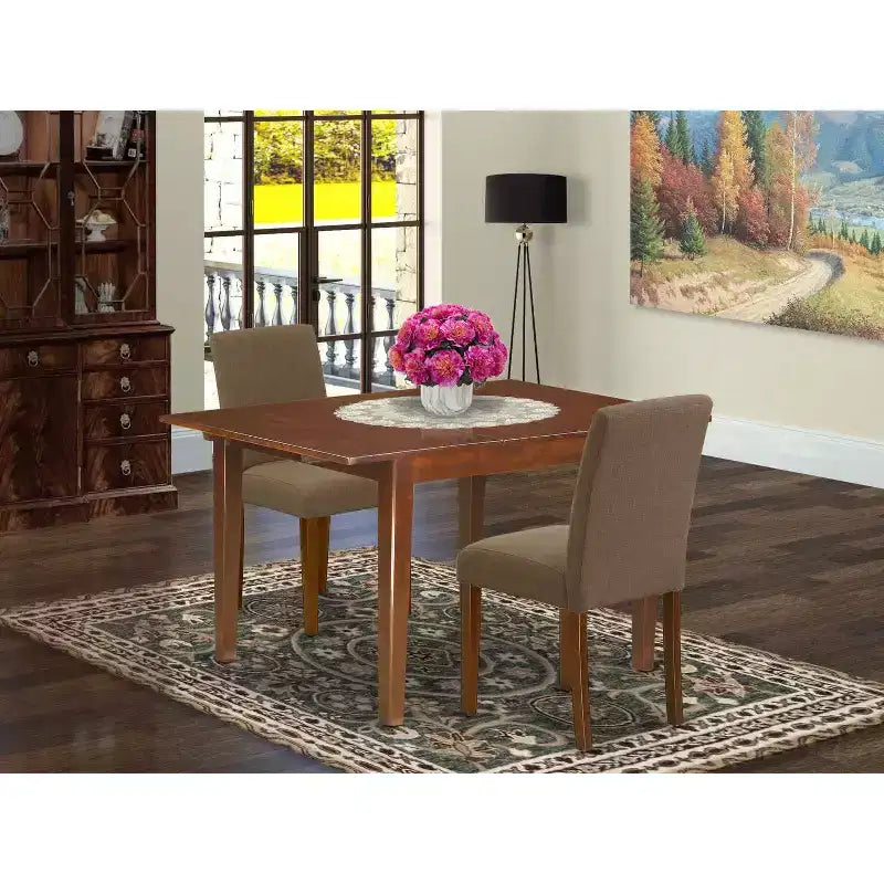 Ensemble table de salle à manger 3 pièces en acajou HomeStock avec plateau rectangulaire en bois massif