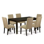Baroque Beauty Dining Set - 6Pc Rectangular Table & Chairs - Cappuccino Finish - Linen Fabric - Brown