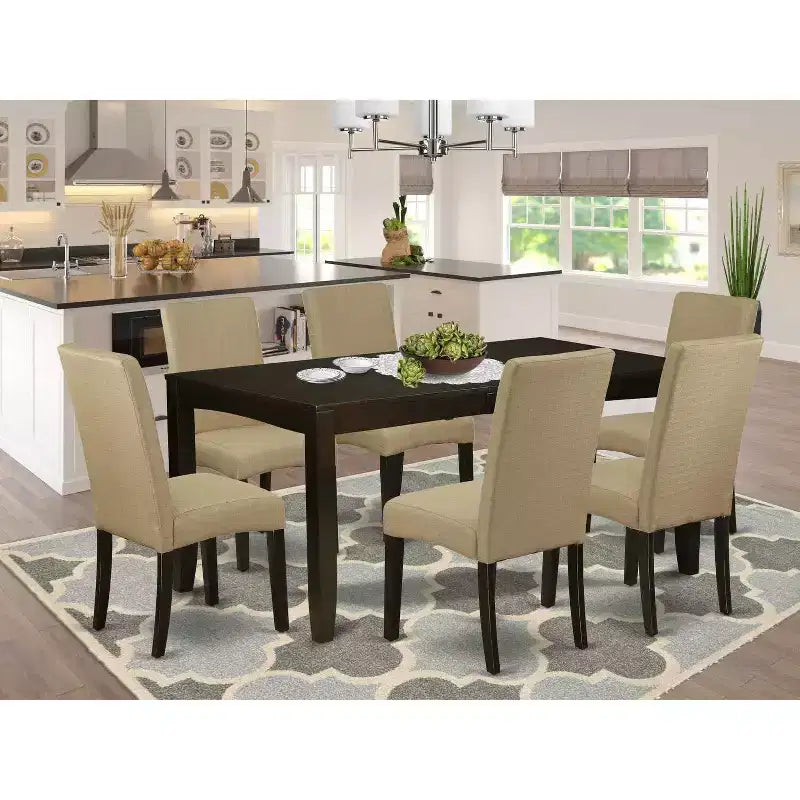 Ensemble de salle à manger Baroque Beauty - Table rectangulaire et 6 chaises - Finition cappuccino - Tissu lin - Marron