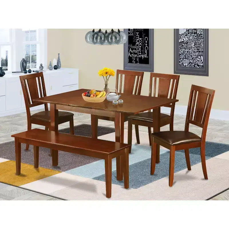 Ensemble de salle à manger 5 pièces pour 4 personnes, table de cuisine rectangulaire avec rallonge papillon et 4 chaises, finition acajou, 81 x 152 cm