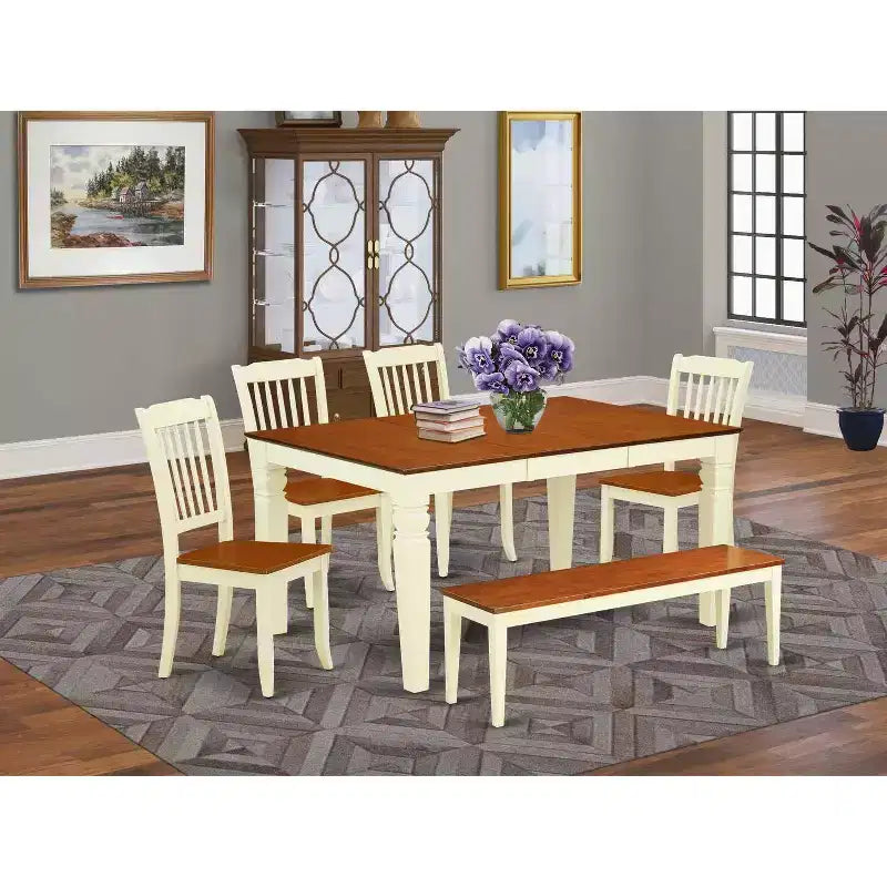 Ensemble de salle à manger bohème chic « Beachy » – Table rectangulaire et 4 chaises plus banc – 107/152 cm