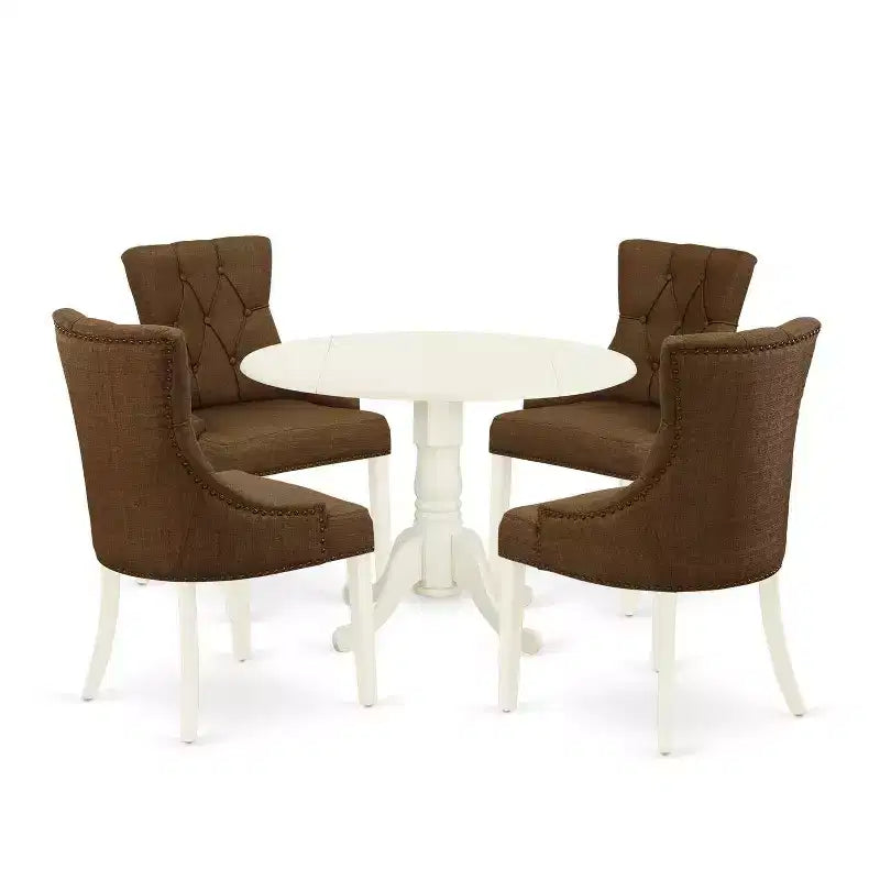 HomeStock 5-Piece Round Buttermilk and Cherry Finish Solid Wood Top Dining Table with 4-Parson Chair with Drop Leaf