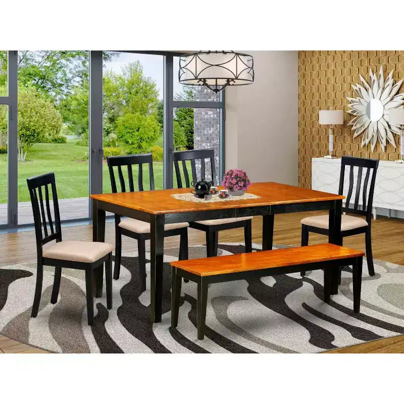 Salle à manger nordique - Ensemble table et chaises 6 pièces - Finition cerise noire - Table rectangulaire avec banc