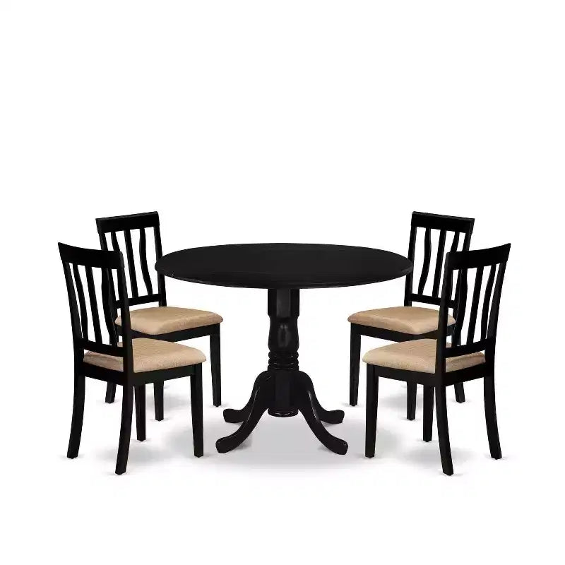 Dining Set - 5 Piece Round Table & 4 Linen Chairs - 42x42 Inch Black Kitchen Set