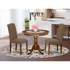 Ensemble de salle à manger rond - Table de 91 cm et 2 chaises - Tissu lin - Finition café foncé