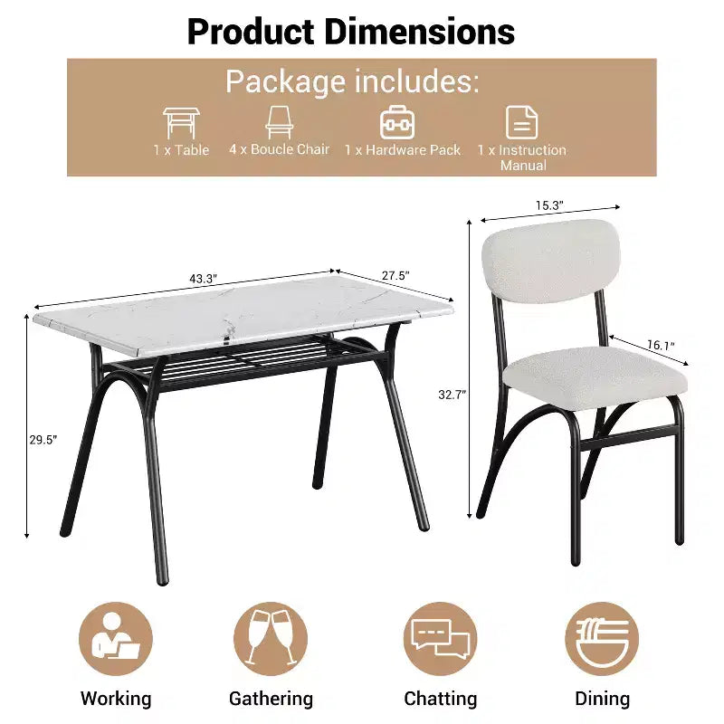 Ensemble table à manger 5 pièces pour 4 personnes, table de cuisine moderne avec 4 chaises en bouclette, table à manger rectangulaire avec étagère de rangement pour coin repas, appartement